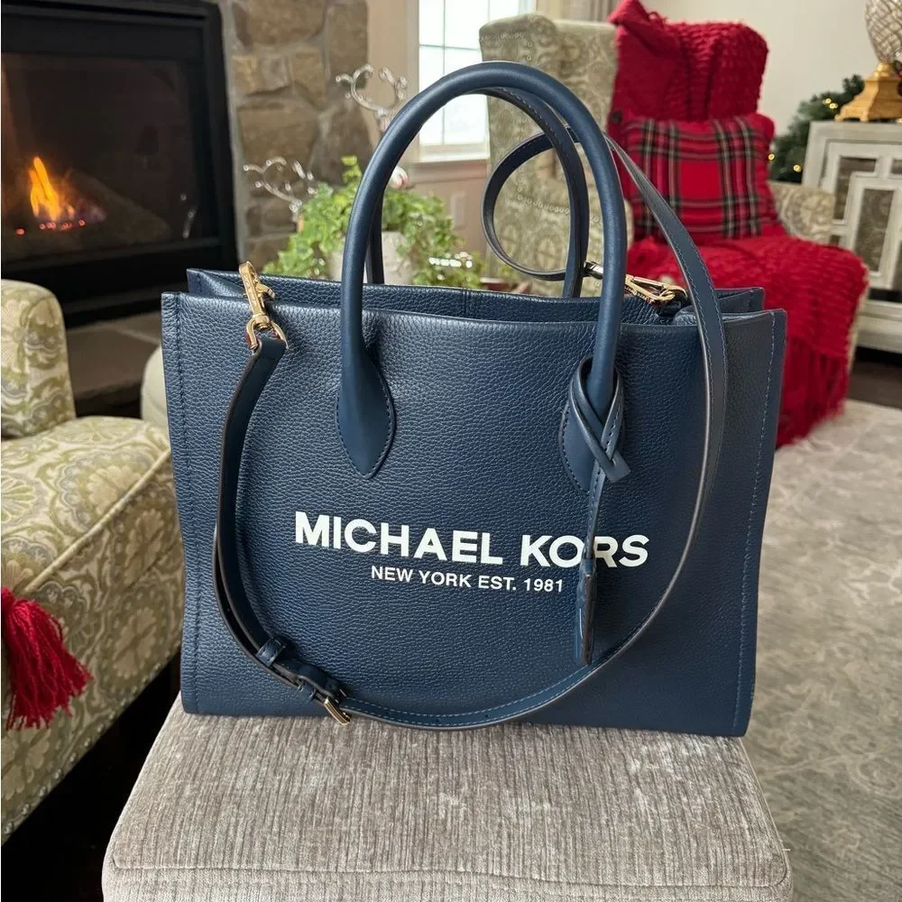 Michael Kors MK Mirella Medium Pebbled Leather Shoulder Tote Bag - Navy